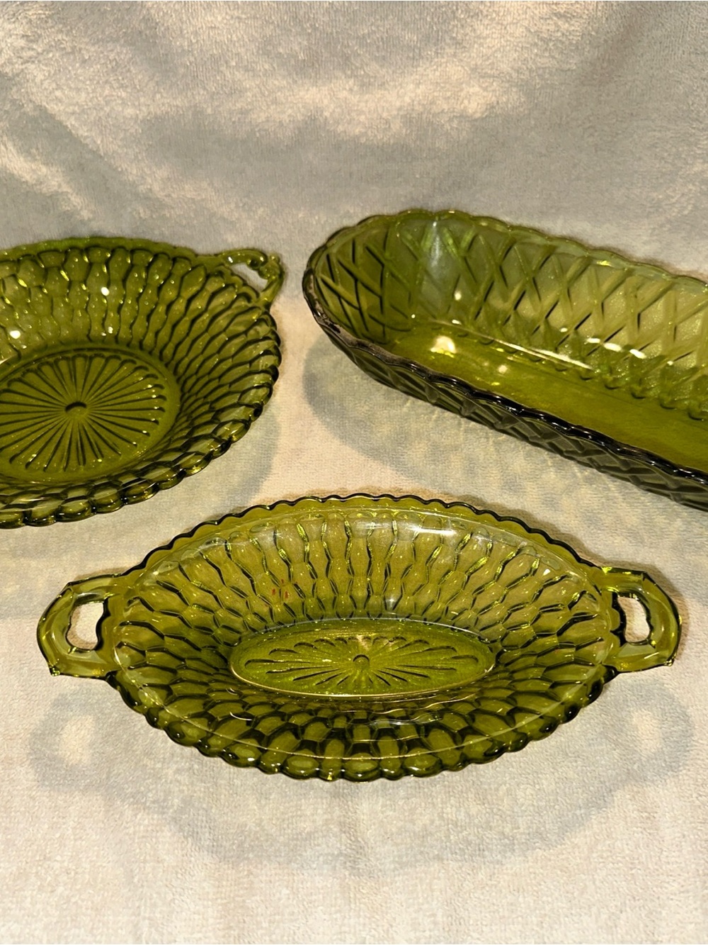 Vintage Olive Green Indian Pressed Glass Serving Dishes - Set of 3